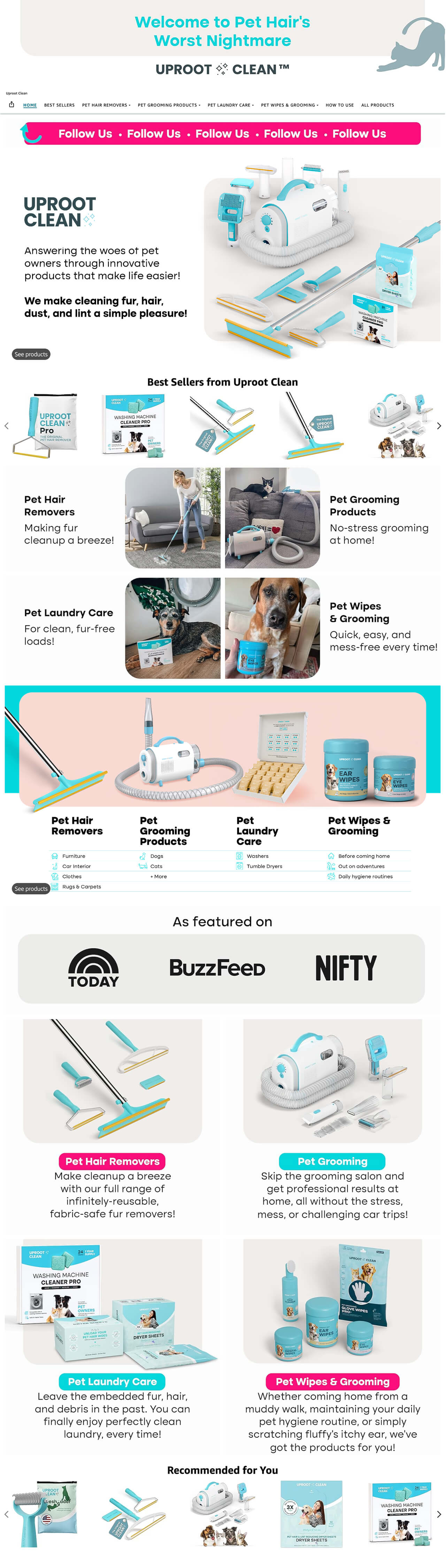 Uproot Clean Storefront: Sleek, vibrant layout showcasing a premium pet hair remover with bold, clear branding.